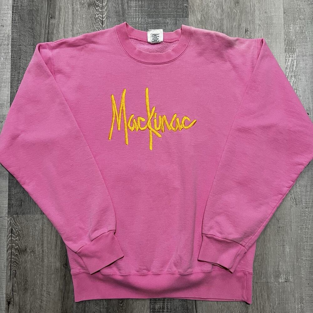 VTG Mackinac Island Sweatshirt Pink Thick Embroidered 90s Pull Over Sz M USA